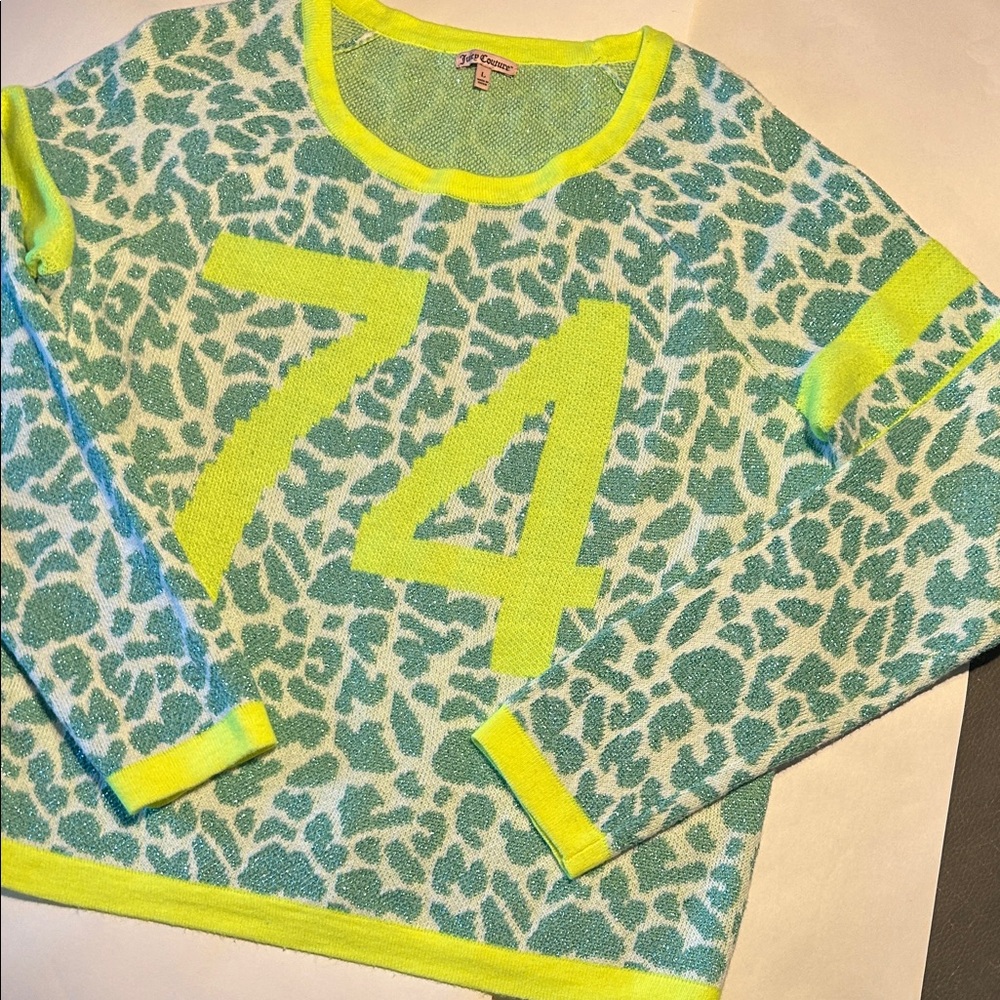 Juicy couture Leopard Print and Neon Green Crewneck Sweater size L Y2K - Picture 4 of 5